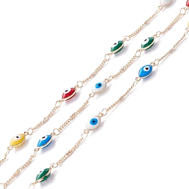 Handmade Brass Enamel Link Chain, Oval with Evil Eye, Long-Lasting Plated, Cadmium Free & Lead Free, Unwelded, with Spool, Golden