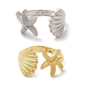 Starfish & Shell Shape Rack Plating Brass Open Cuff Finger Rings for Women, Long-Lasting Plated, Lead Free & Cadmium Free