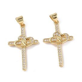 Brass Micro Pave Cubic Zirconia Pendants, Real 18K Gold Plated, Cross Charms
