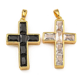 Rack Plating Brass Pendants, with Glass, Long-Lasting Plated, Real 18K Gold Plated, Cross