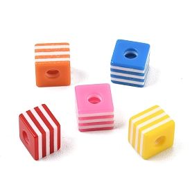 Opaque Resin European Beads, Large Hole Beads, Striped Cube