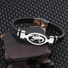 PU cuir cordon bracelets, avec ovale en acier inoxydable avec scorpion
