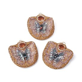 Natural Shell Big Pendants, with Rhinestone & Glass & Brass Findings, Butterfly