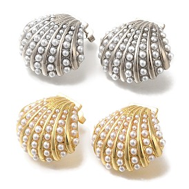 Rack Plating Shell Shape Brass Stud Earrings, with ABS Plastic Pearl, Long-Lasting Plated, Lead Free & Cadmium Free