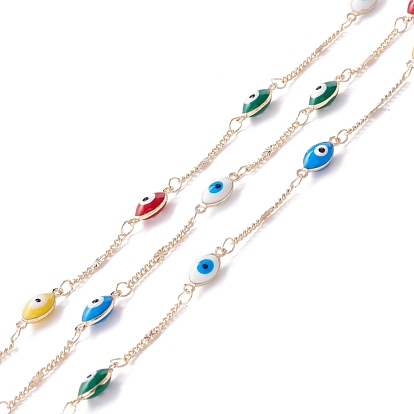Handmade Brass Enamel Link Chain, Oval with Evil Eye, Long-Lasting Plated, Cadmium Free & Lead Free, Unwelded, with Spool, Golden