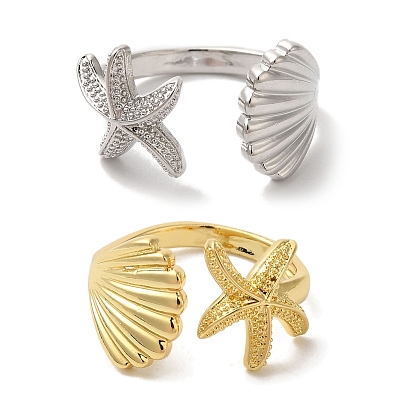 Кольца в форме морской звезды и ракушки с латунным покрытием и открытыми манжетами для женщин, долговечный, без свинца и без кадмия