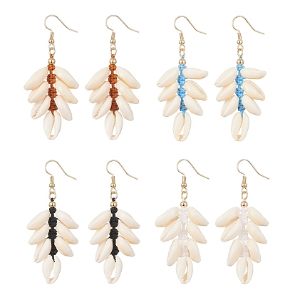 Natural Shell Beaded Dangle Earrings, Brass Long Cluster Earrings