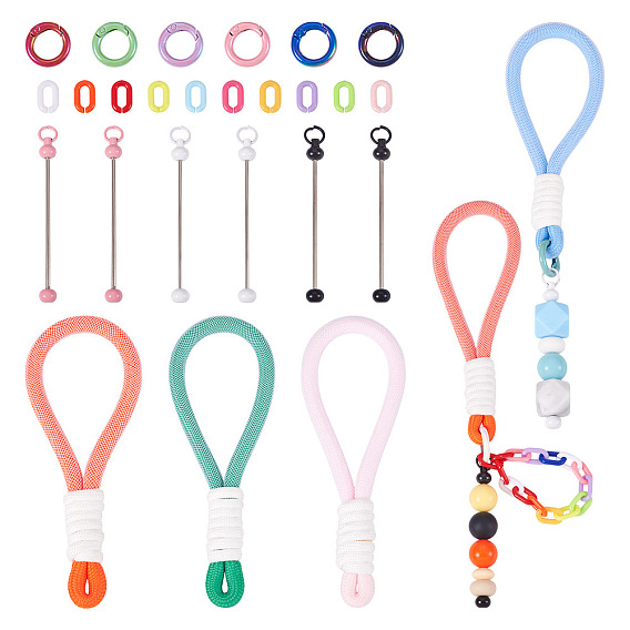 Сделай сам наборы для ключей, включая плетеный нейлоновый ремешок, брелок из железного стержня с бусинами, акриловые связей кольца, кольцо пружины сплава