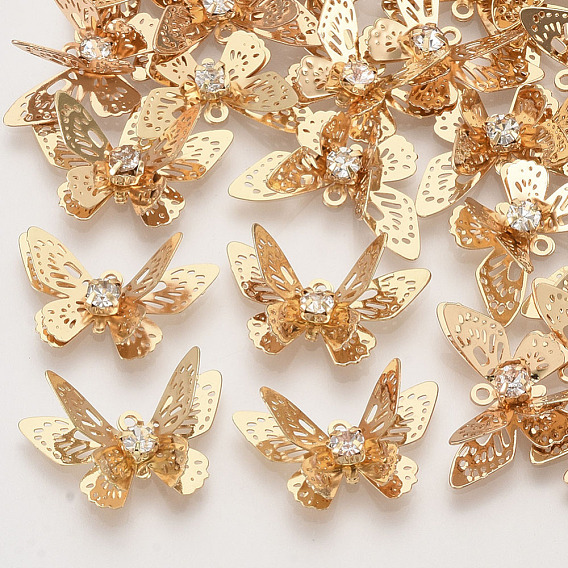 Brass Filigree Pendants, with Crystal Rhinestone, 3D Butterfly