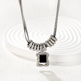 Natural Black Agate(Dyed & Heated) 304 Stainless Steel Rectangle Pendant Necklaces for Women