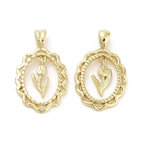 Rack Plating Brass Pendants, Long-Lasting Plated, Lead Free & Cadmium Free, Oval with Flower