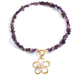 Летнее ожерелье из искусственного жемчуга с подвеской в виде цветка из нержавеющей стали и натуральными бусинами из аметиста для женщин.
