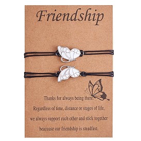 2Pcs White Brass Enamel Butterfly Link Bracelets Set, Adjustable Couple Bracelets for Lovers Best Friends