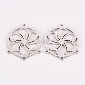 304 Stainless Steel Chandelier Component Links, Laser Cut, Flat Round with Flower