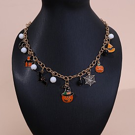 Эмалированный сплав с пластиковой подвеской в виде тыквы на Хэллоуин в виде летучей мыши и паутины, ожерелья с нагрудником для женщин, черный и оранжевый