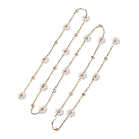 Cadena de eslabones con cuentas de perlas de imitación acrílicas hechas a mano con flores, con 304 cadenas satélite de acero inoxidable, soldada