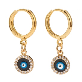 Brass Micro Pave Clear Cubic Zirconia Huggie Hoop Earring, with Enamel, Evil Eye
