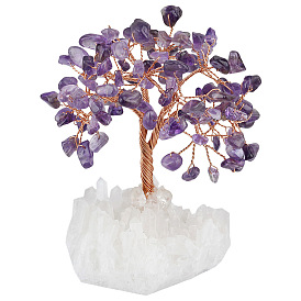 Natural Gemstone Chips Tree Decorations, Natural Quartz Crystal Cluster Base Copper Wire Feng Shui Energy Stone Gift for Home Desktop Decoration