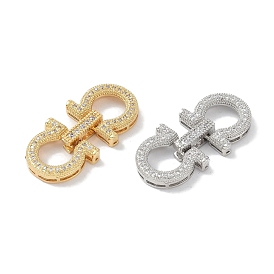 Rack Plating Brass Micro Pave Clear Cubic Zirconia Fold Over Clasps, Cadmium Free & Lead Free, Long-Lasting Plated, Horseshoe