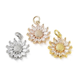 Rack Plating Brass Clear Cubic Zirconia Pendants, Long-Lasting Plated, Cadmium Free & Lead Free, with Jump Rings, Flower