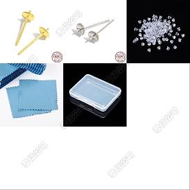 10Pares 925 Hallazgo de aretes de plata esterlina con 50Tuercas de plástico para aretes con 1Paño de gamuza cuadrado para pulir plata