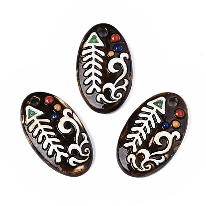 Handmade Porcelain Big Pendants, Oval with Fishbone & Wave Pattern