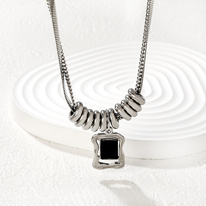 Natural Black Agate(Dyed & Heated) 304 Stainless Steel Rectangle Pendant Necklaces for Women
