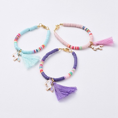 Handmade Polymer Clay Beads Kids Bracelets, with Cotton Thread Tassels and Alloy Enamel Pendants, Unicorn