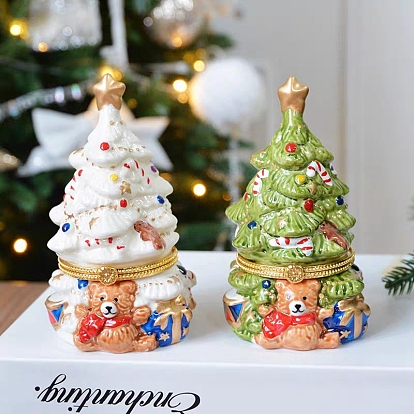 Porcelain Christmas Tree Decorative Hinged Jewelry Trinket Box, for Home Decoration