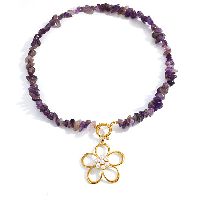 Летнее ожерелье из искусственного жемчуга с подвеской в виде цветка из нержавеющей стали и натуральными бусинами из аметиста для женщин.