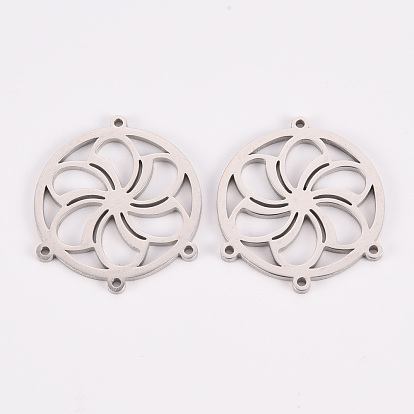 304 Stainless Steel Chandelier Component Links, Laser Cut, Flat Round with Flower