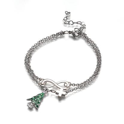 Christmas Theme, 304 Stainless Steel Multi-strand Charm Bracelets, with Alloy Enamel Pendants and Brass Findings, Christmas Trees