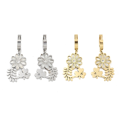 Left and Right Clover & Flower 304 Stainless Steel Shell Dangle Earrings, Rhinestone Hoop Earrings for Women