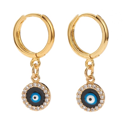 Brass Micro Pave Clear Cubic Zirconia Huggie Hoop Earring, with Enamel, Evil Eye