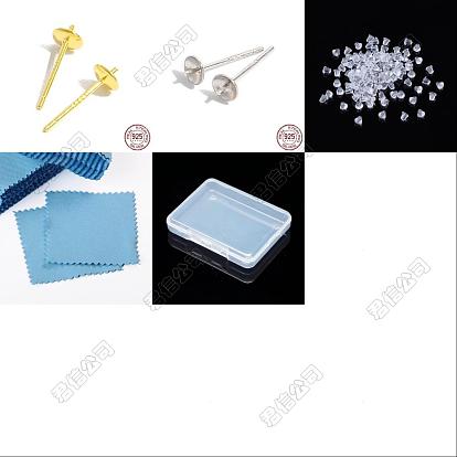 10Pares 925 Hallazgo de aretes de plata esterlina con 50Tuercas de plástico para aretes con 1Paño de gamuza cuadrado para pulir plata