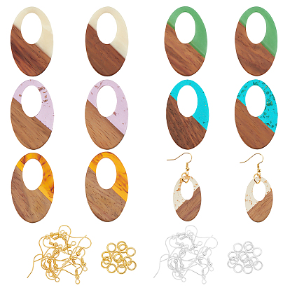 Kits de fabrication de boucles d'oreilles pendantes en bois de noyer, y compris 12pcs 6 couleurs pendentifs ovales en résine et bois de noyer, crochets et anneaux de saut en laiton