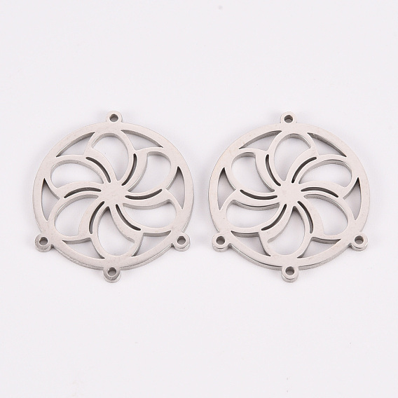 304 Stainless Steel Chandelier Component Links, Laser Cut, Flat Round with Flower