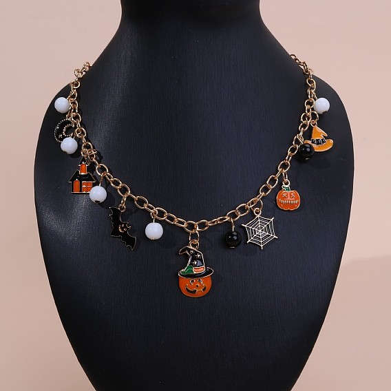 Эмалированный сплав с пластиковой подвеской в виде тыквы на Хэллоуин в виде летучей мыши и паутины, ожерелья с нагрудником для женщин, черный и оранжевый