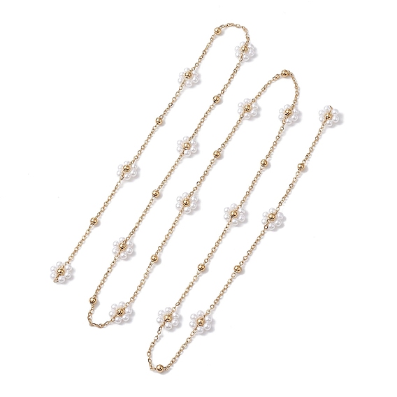 Flower Handmade Acrylic Imitation Pearl Beaded Link Chain, with 304 Stainless Steel Satellite Chains, Soldered