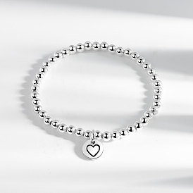 Латунь шарм браслеты, круглые бусины эластичные браслеты для женщин, плоские круглые с шаблоном сердца