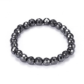 Synthetic Magnetic Hematite Stretch Bracelets, Faceted, Round