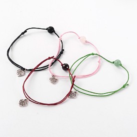 Trendy Waxed Cotton Cord Anklets, with Gemstone Beads and Tibetan Style Antique Silver Alloy Heart Charms, 150~300mm