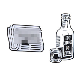 Tipsy Cartoon Bottle & Glass Pins with Edgy 'TOO DRUNK TO F***' Design