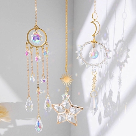 Metal Moon Sun Hanging Ornaments, Glass Tassel Suncatchers for Home Garden Ornament