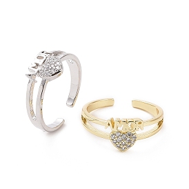 Clear Cubic Zirconia Heart with Word Amor Open Cuff Ring, Brass Jewelry for Valentine's Day