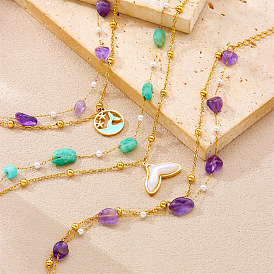 304 двухслойные браслеты на ногу из нержавеющей стали и пластика с жемчугом и самородками из натурального камня, золотые