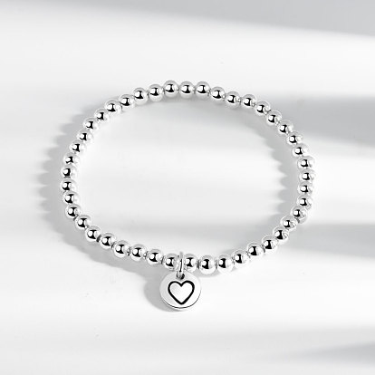 Латунь шарм браслеты, круглые бусины эластичные браслеты для женщин, плоские круглые с шаблоном сердца