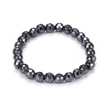 Synthetic Magnetic Hematite Stretch Bracelets, Faceted, Round