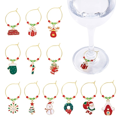 12Pcs Glass Wine Glass Charms, with Snowflake Alloy Enamel Charms  Brass Wine Glass Charms Ring