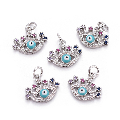 Brass Micro Pave Cubic Zirconia Charms, with Enamel and Jump Rings, Evil Eye, Colorful
